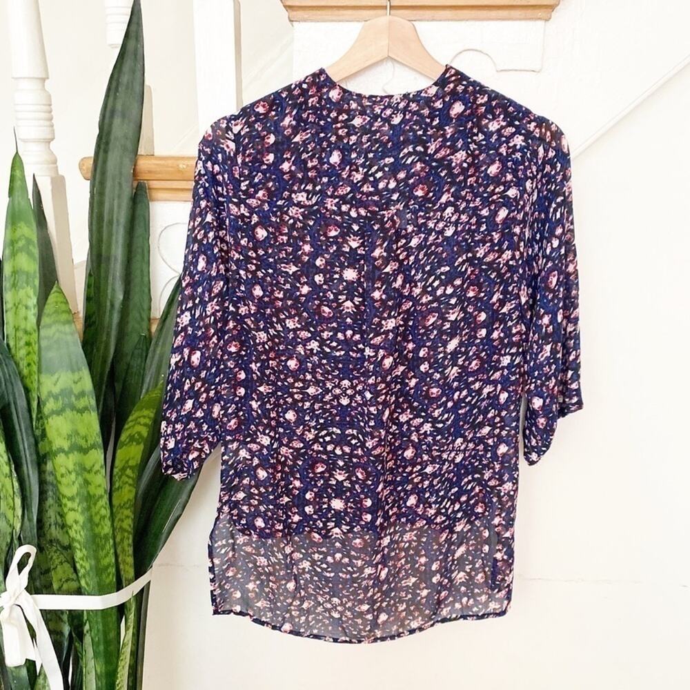 WAYF blue floral faux wrap sheer blouse size XS